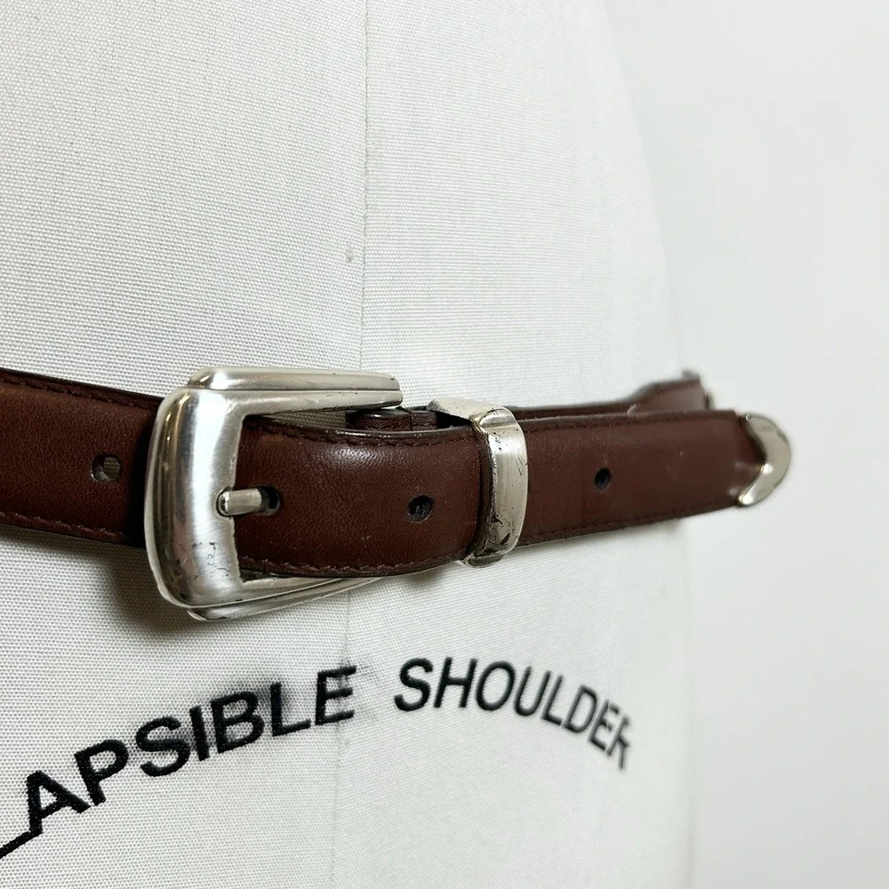 Vintage 100% Genuine Leather Brown Western-Style Unisex Belt Silver‎ Hardware
